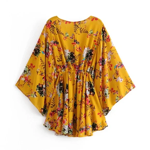 Bohemian Mustard Yellow Floral Print Batwing Festival Dress - Picture 3 of 9